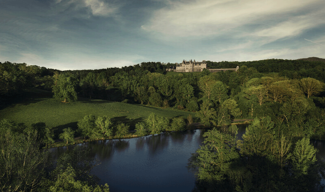 View of Biltmore House from French Board River in Asheville, NC