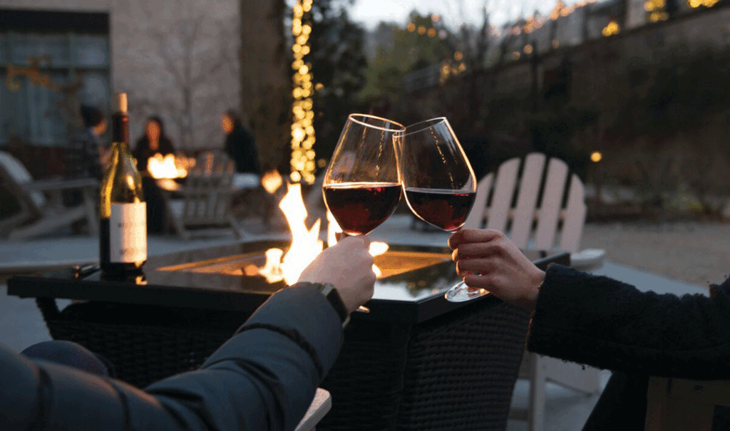 Couple toasting with red wine near a fire pit