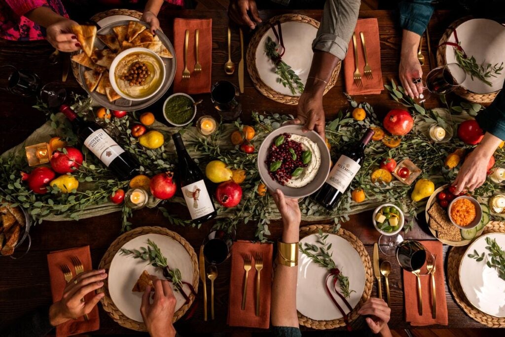 Overhead view of a table set for Thanksgiving.