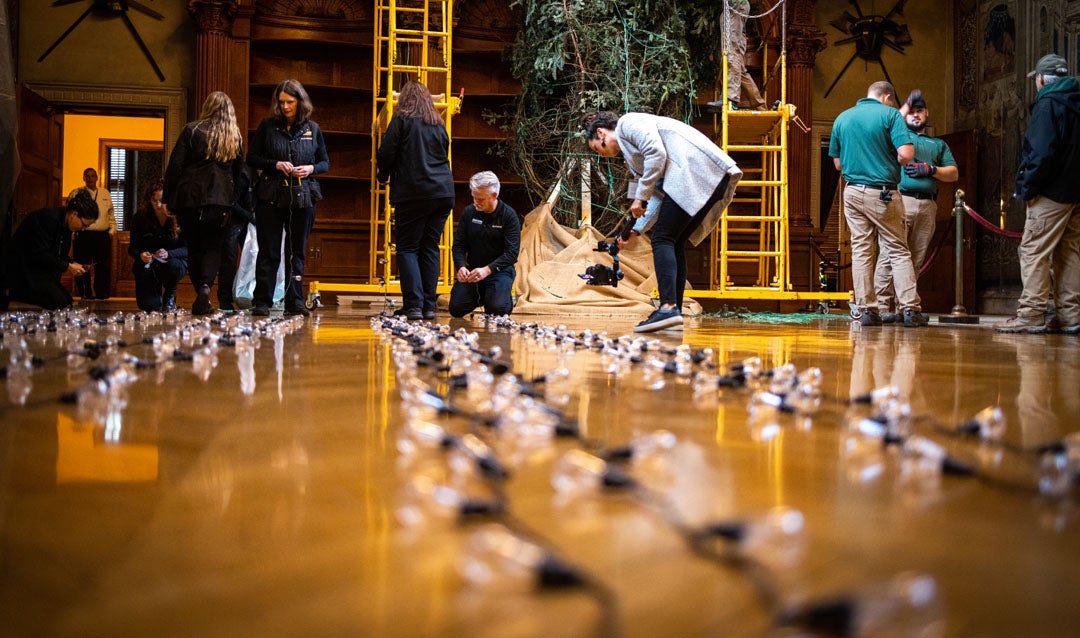 Lights on the floor before being hung