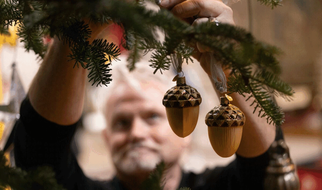 Man hangs acorn ornaments on a Christmas tree