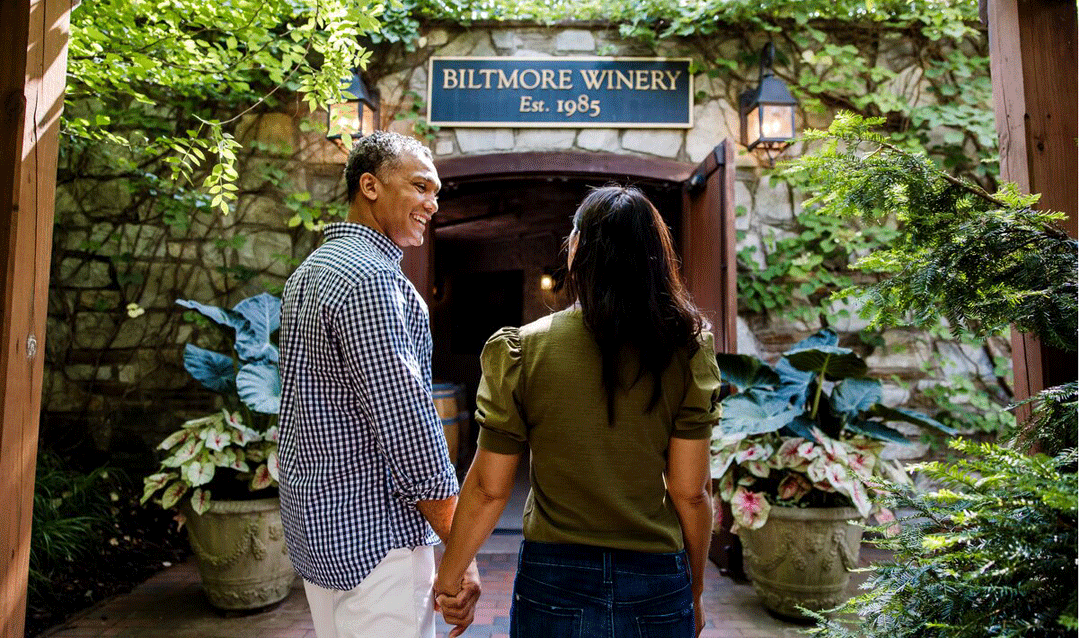 Couple on a romantic date entering the Winery at Biltmore