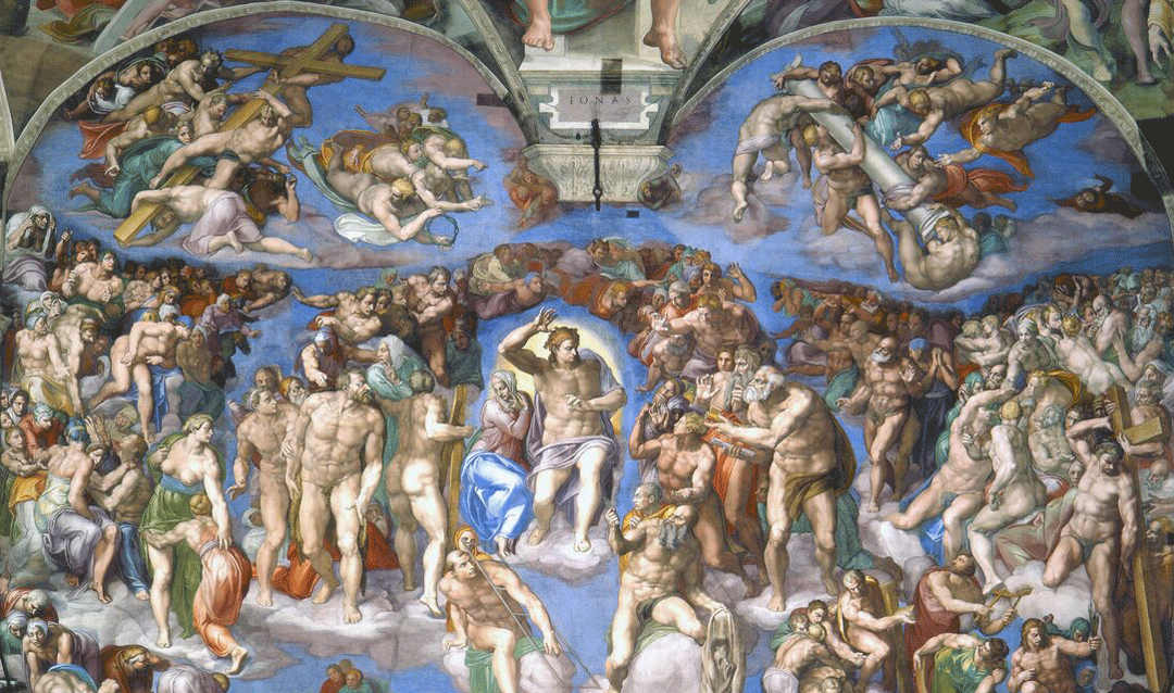 Dertail of The Last Judgment fresco painted by Italian Renaissance artist Michelangelo Buonarroti