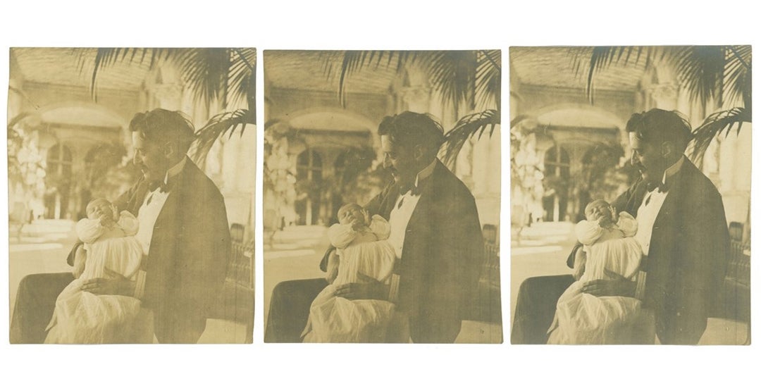 Three of the 14 copies of the archival photograph of George and newborn Cornelia Vanderbilt demonstrating her practice of photography techniques