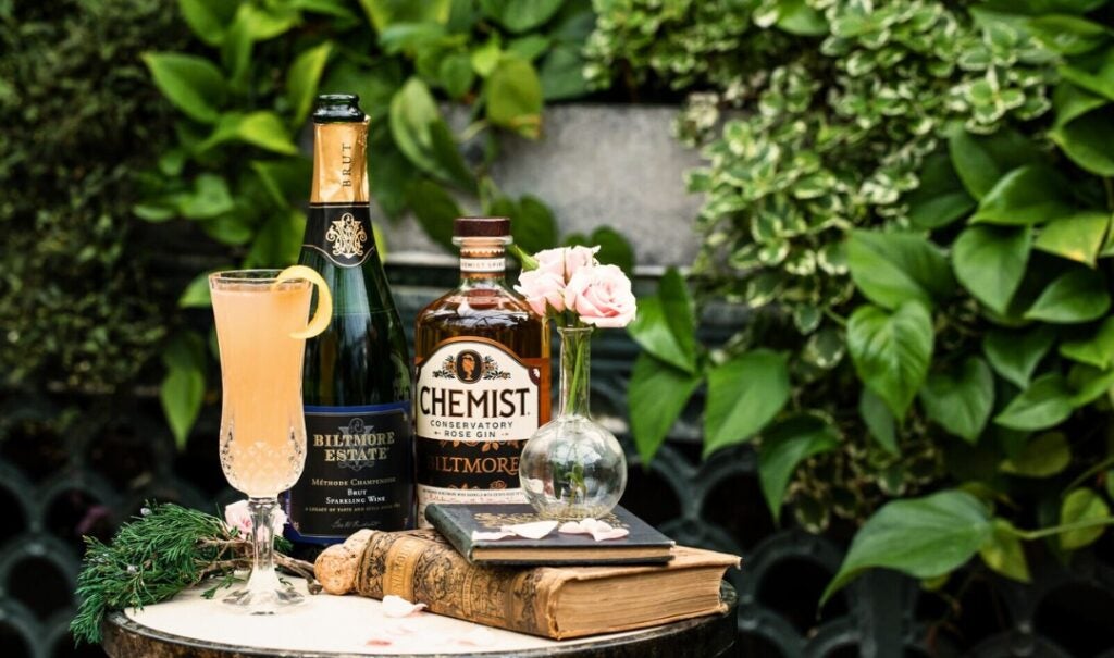 A refreshing French Rose 75 Cocktail featuring Biltmore Estate Brut sparkling wine and Biltmore Conservatory Rose Gin.