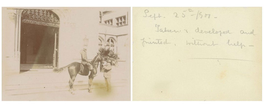 Archival photograph of George Vanderbilt on a horse in front of Biltmore House. Reverse reads “Sept. 25th 1901, Taken, developed and printed, without help” in Edith Vanderbilt’s handwriting.