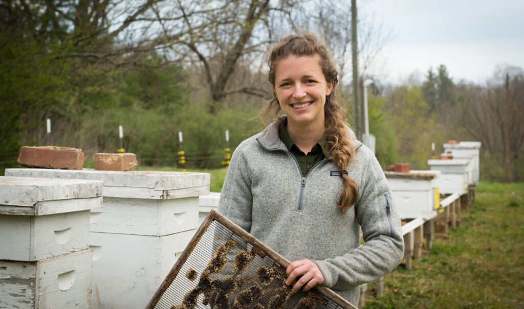 Kimber Jones, Environmental Programs Coordinator, is pictured here at the estate’s apiary—one of our many environmental programs.