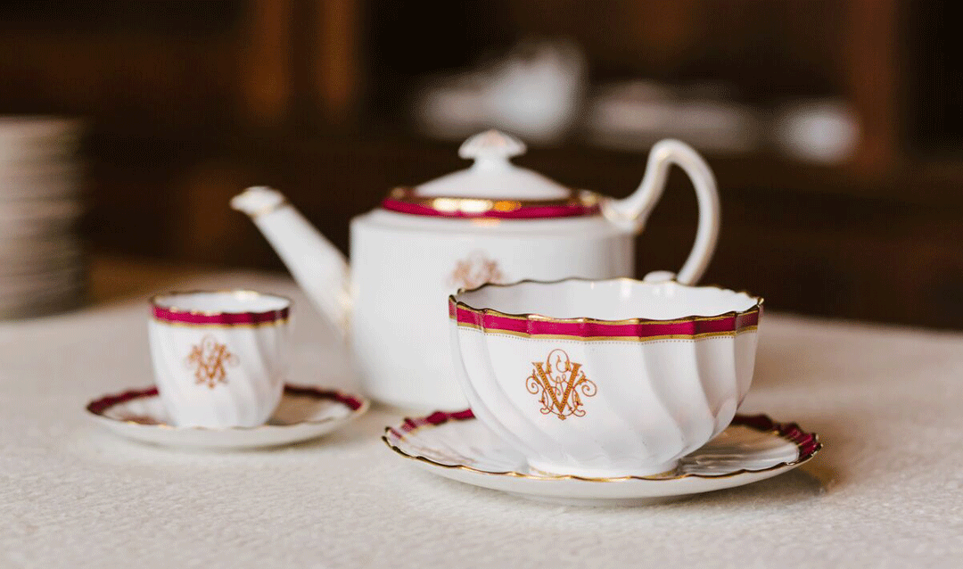 Cup, saucer, and teapot featuring George Vanderbilt's monogram