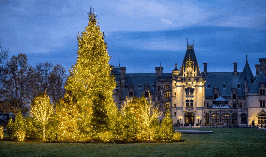 Front lawn of Biltmore House decorated for Christmas