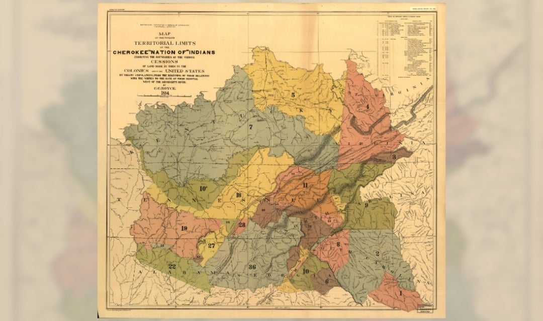 Map showing historical land cessions of the Cherokee Nation, made in 1884, in the collection of the Library of Congress, Geography and Map division.