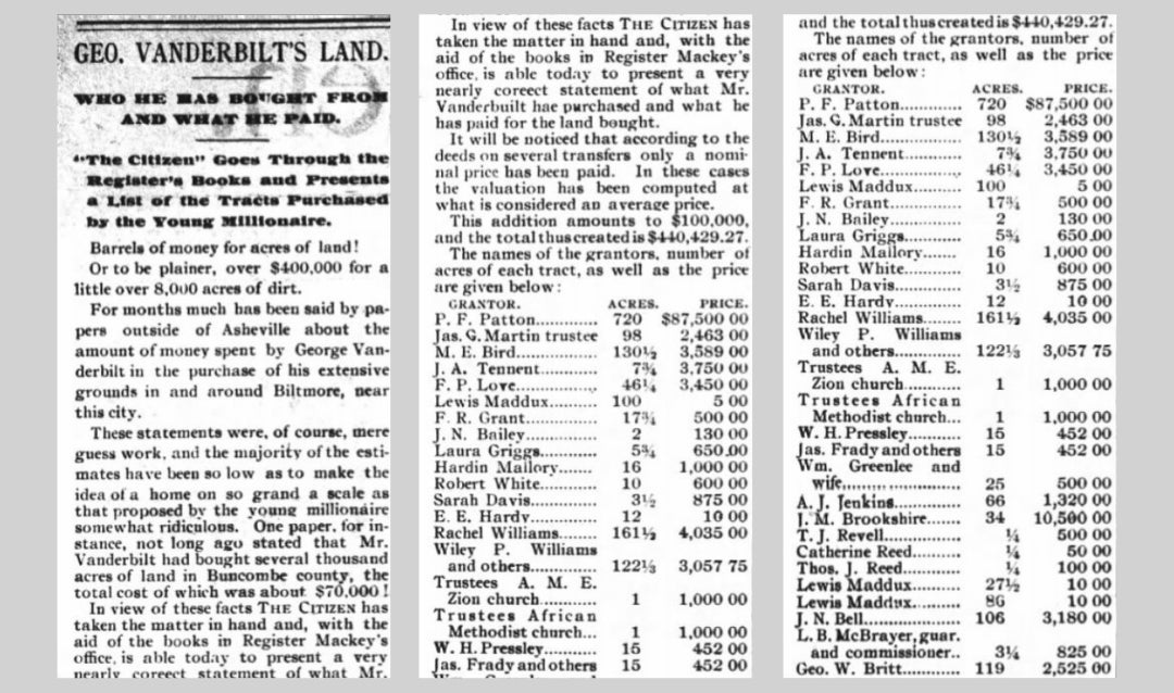 This excerpt from an Asheville Weekly Citizen article dated June 25, 1891, shows the public fascination with George Vanderbilt's acquisition of land.