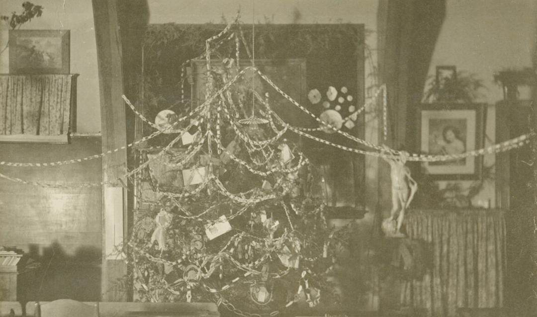 Archival photograph of a decorated Christmas tree at the Biltmore Parish Day School in 1897