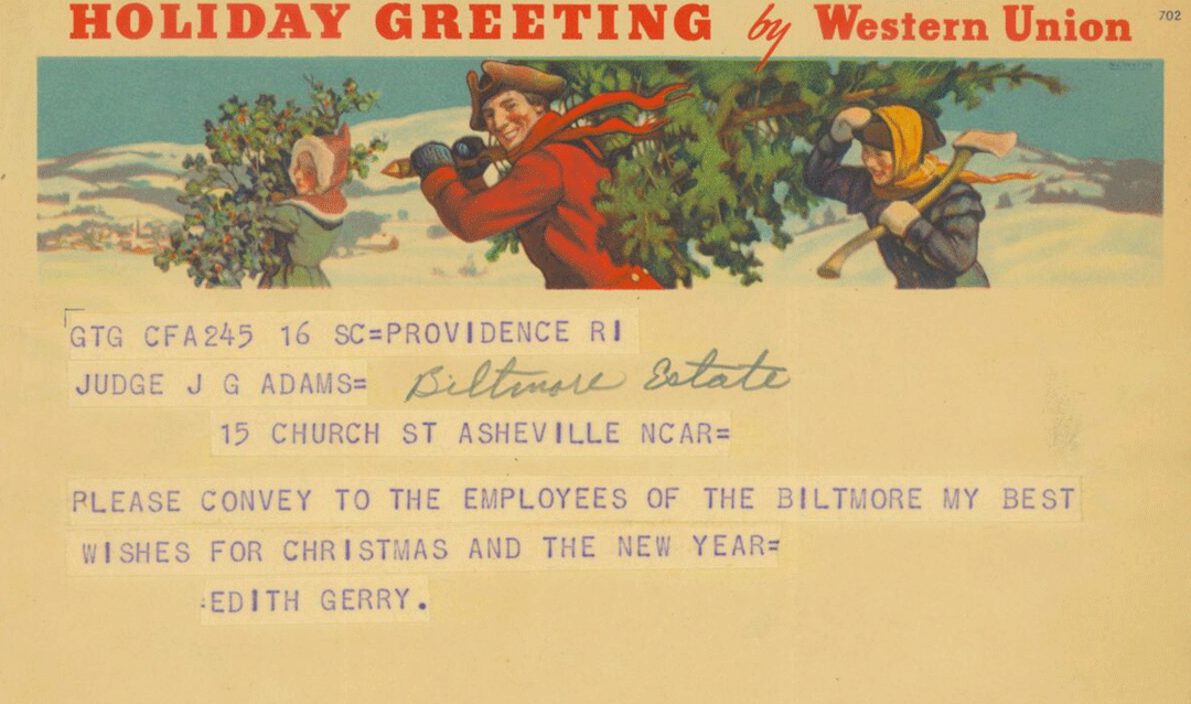 Western Union telegraph message from Edith Vanderbilt Gerry to everyone at Biltmore Estate for Christmas 19XX