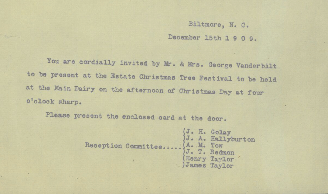Archival invitation to the 1909 Biltmore Estate employee Christmas party