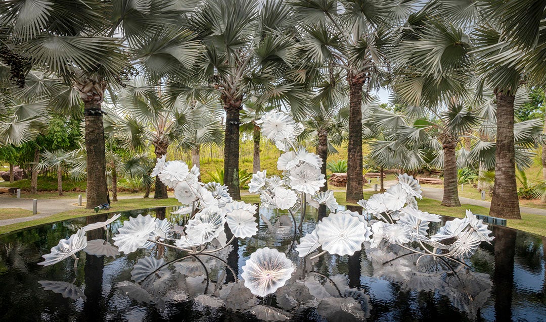 Dale Chihuly, Ethereal White Persian Pond, 2018, Gardens by the Bay, Singapore, installed 2021 © 2018 Chihuly Studio. All rights reserved.