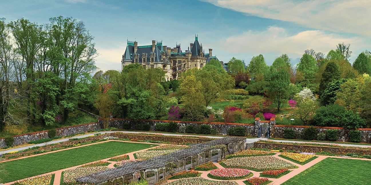 View of Biltmore House in spring from the Walled Garden in bloom