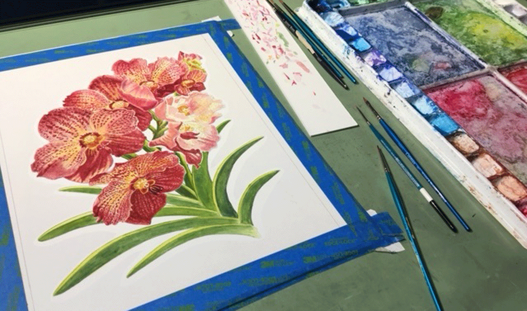 Watercolor painting of an orchid in progress