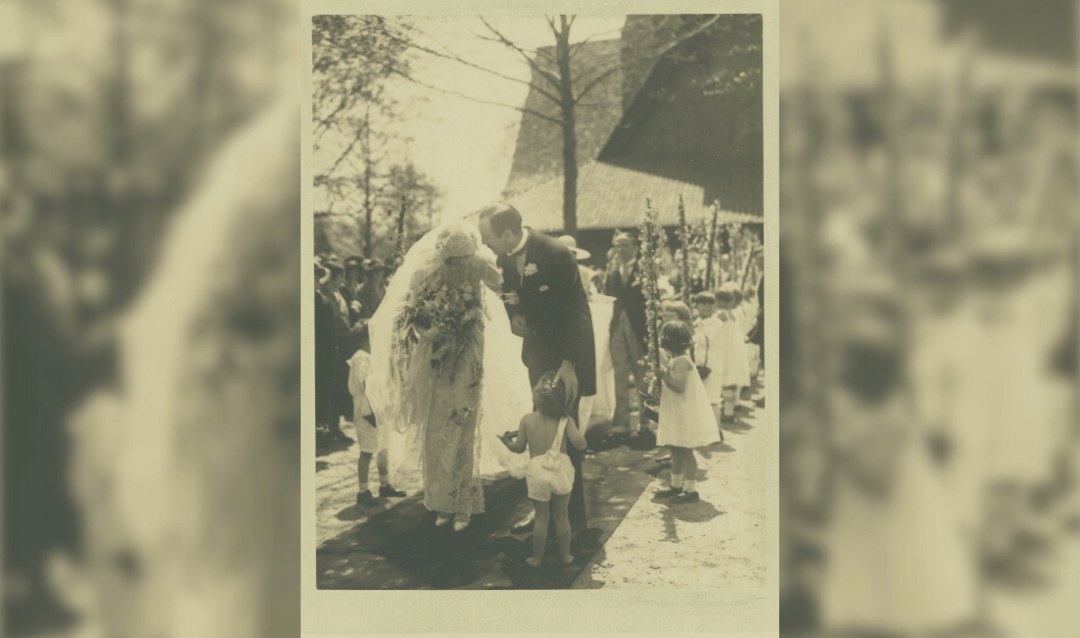 Pollyann Foster greets John and Cornelia Cecil following their wedding. April 29, 1924