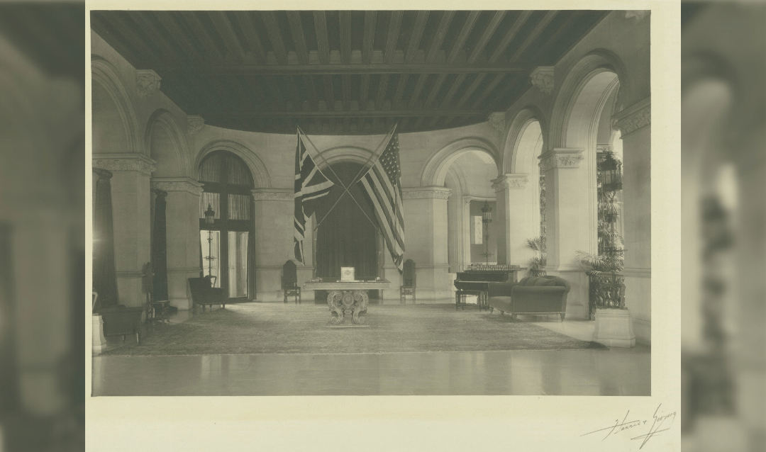 Crossed flags, representing the bride and groom's nationalities, greeted guests in the Main Hall. April 29, 1924