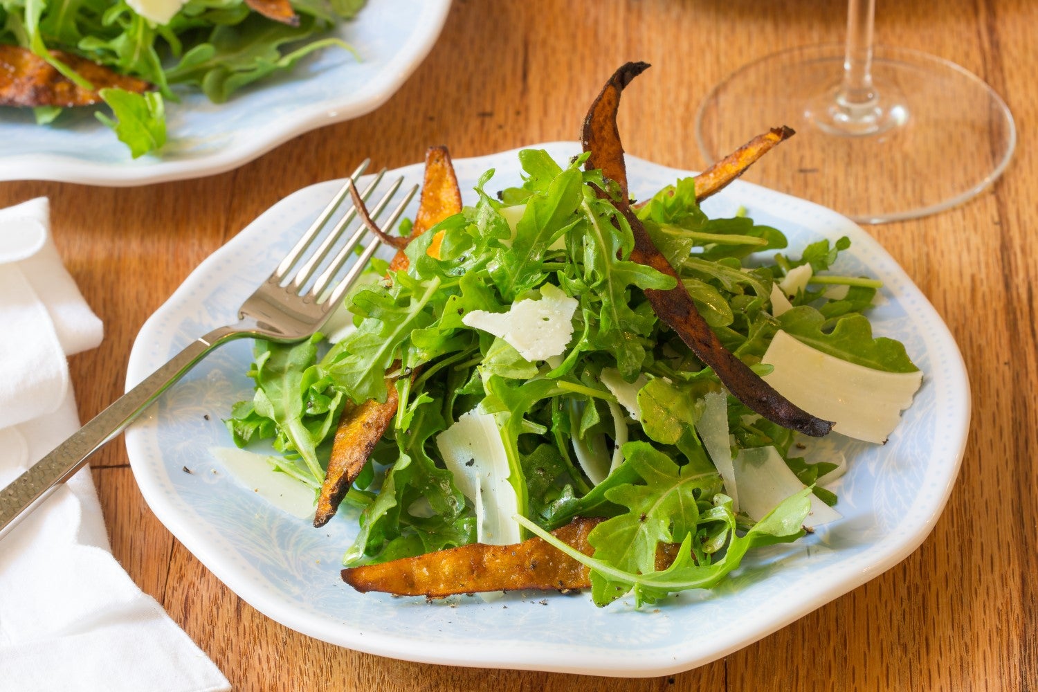 Arugula Salad with Shaved Parm and Sweet Potato Skins