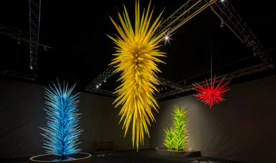 Glass sculptures of icicle towers and chandeliers by Dale Chihuly.