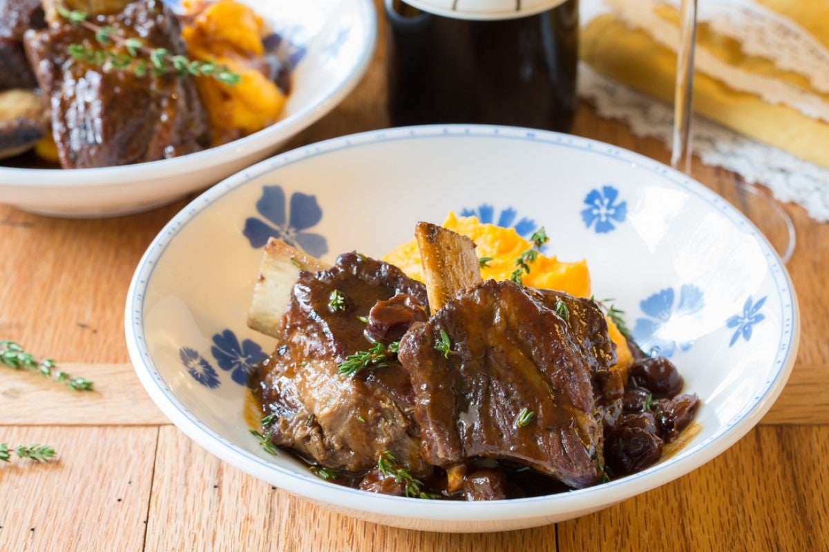Braised Short Ribs with Gingered Sweet Potato Mash and Cherry Barbeque Sauce