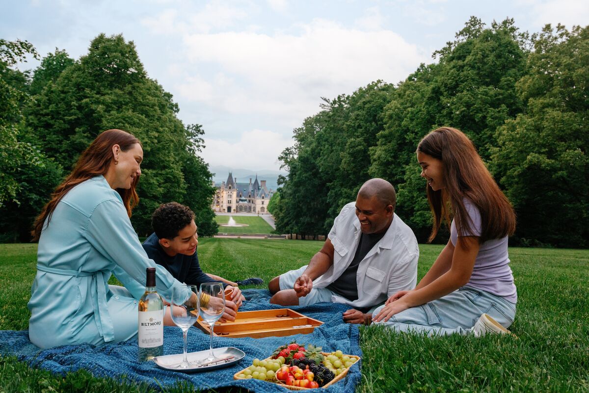 Family enjoying a picnic with Biltmore wine on the hill above Biltmore House.