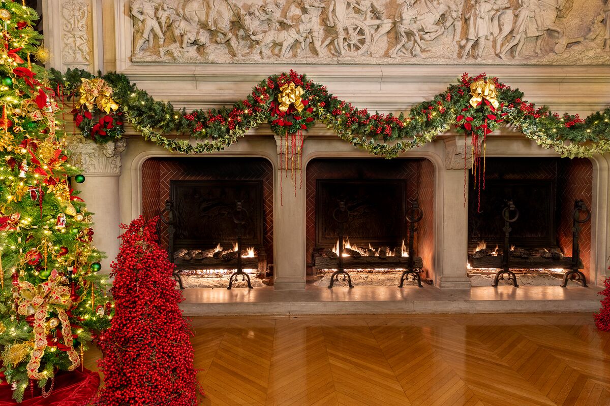 Banquet Hall fireplaces aglow during Christmas.