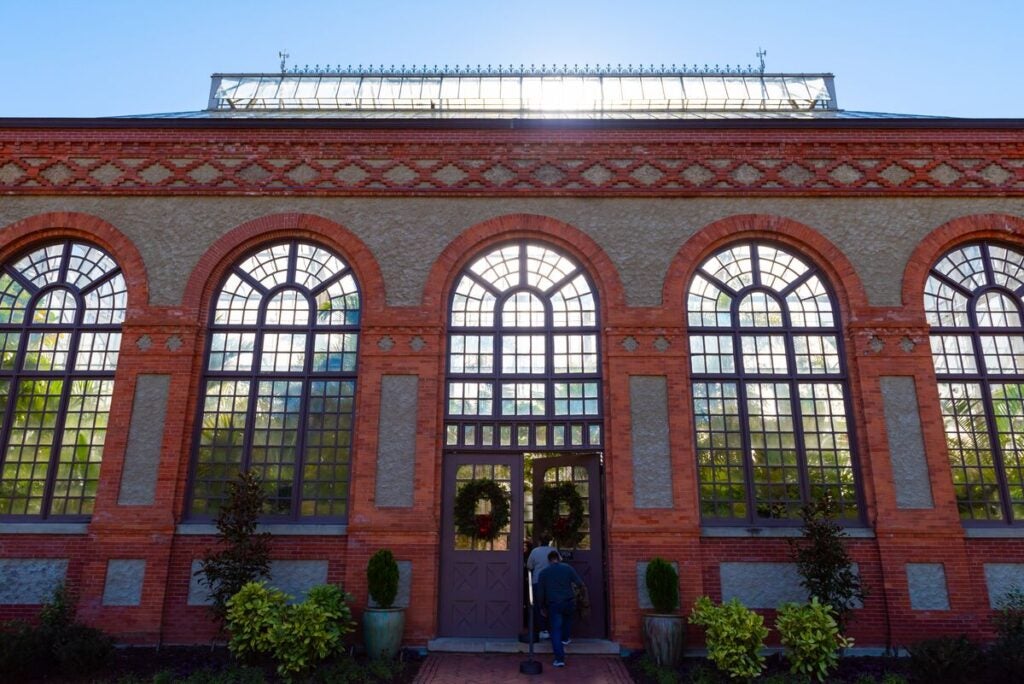 Biltmore's garden Conservatory with wreaths on the doors.