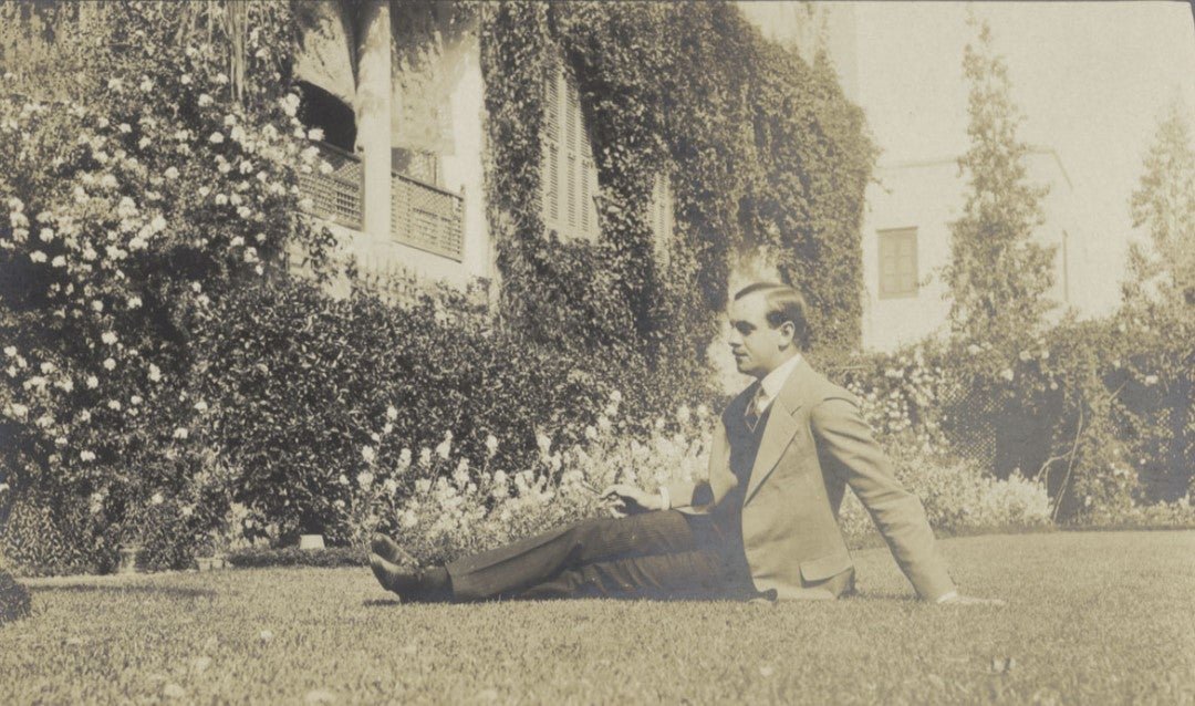 Archival photo of John Cecil in the gardens of the British Embassy in Cairo, ca. 1917, several years before Howard Carter discovered the tomb of King Tut.