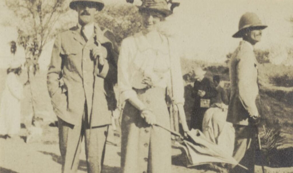 John Cecil, left, readies for a day of exploring with unidentified friends, colleagues, and guides, ca. 1917.