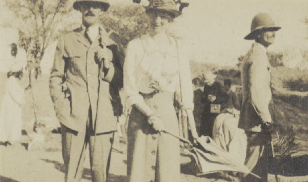 John Cecil, left, readies for a day of exploring with unidentified friends, colleagues, and guides, ca. 1917.