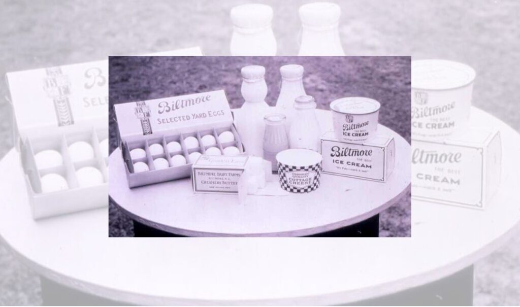 Farm-to-table Biltmore Dairy products including butter, milk, cottage cheese, and eggs.