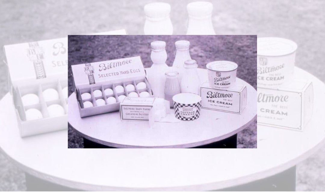 Farm-to-table Biltmore Dairy products including butter, milk, cottage cheese, and eggs.