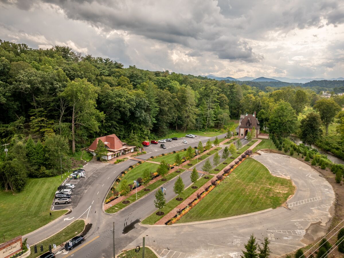 Aerial view of Biltmore's main guest entrance in Biltmore Village as of late August 2025.