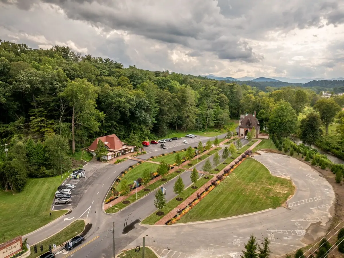 Aerial view of Biltmore's main guest entrance in Biltmore Village as of late August 2025.