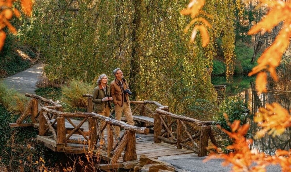 Couple walking across a bridge at Biltmore in the fall.