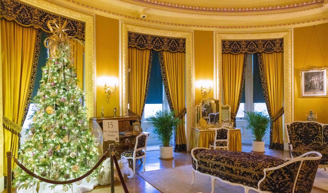 Mrs. Vanderbilt's Chamber decorated for Christmas in Biltmore House.