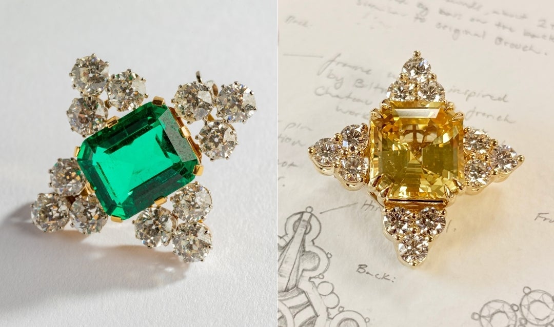An emerald-and-diamond brooch and the yellow sapphire pendant inspired by it from Avermore Jewelry.
