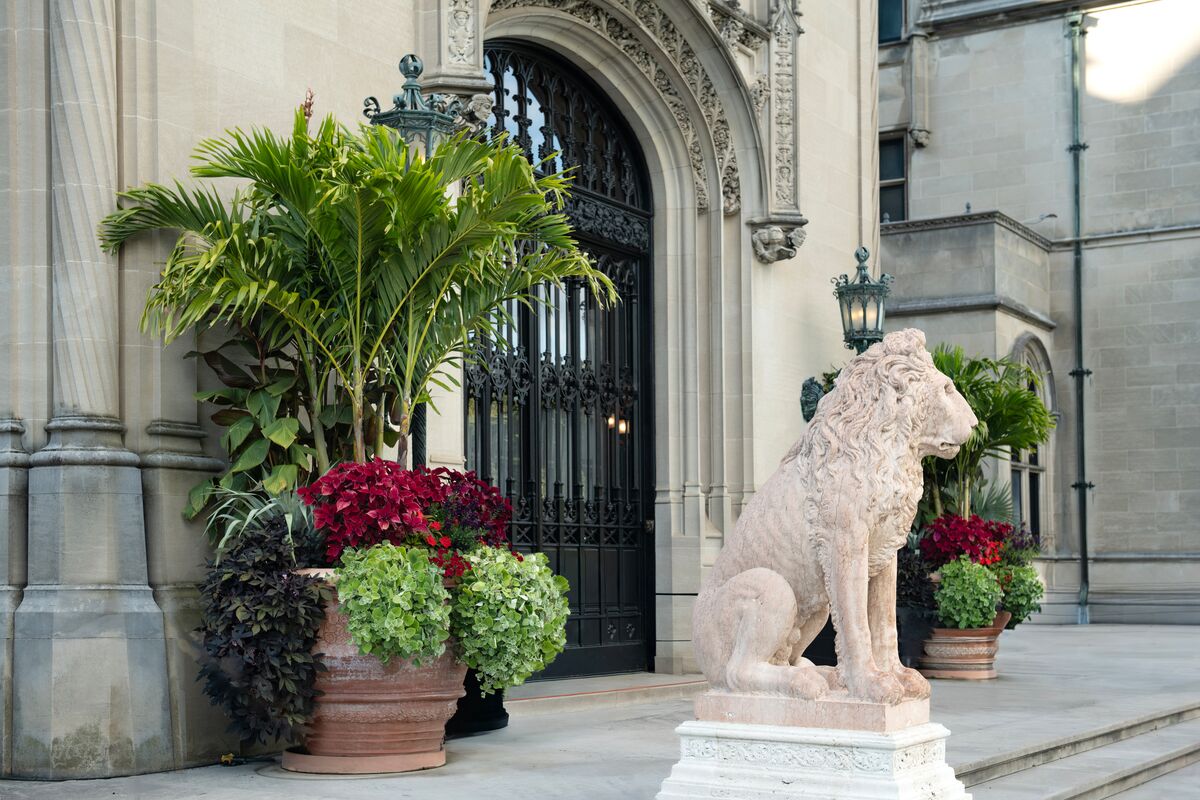 One of two marble lions in front of Biltmore House.
