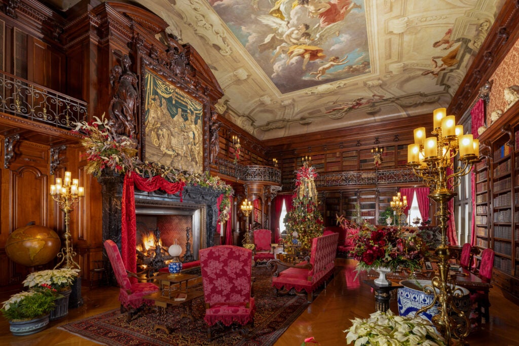 Christmas decor in the Library of Biltmore House.