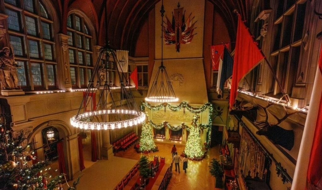 View from the Organ Loft of the Banquet Hall decorated for Christmas at Biltmore