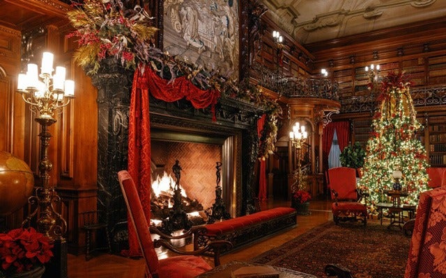 Biltmore House library decorated for Christmas