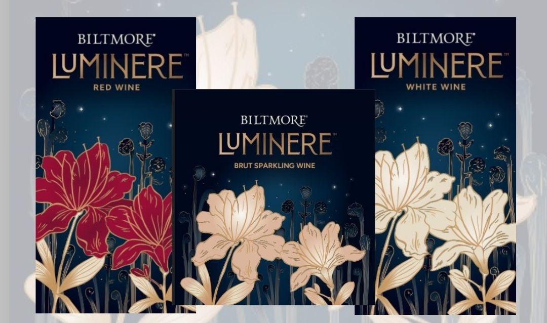 Red, Sparkling, and White wine labels featuring azaleas, ferns, and stars.