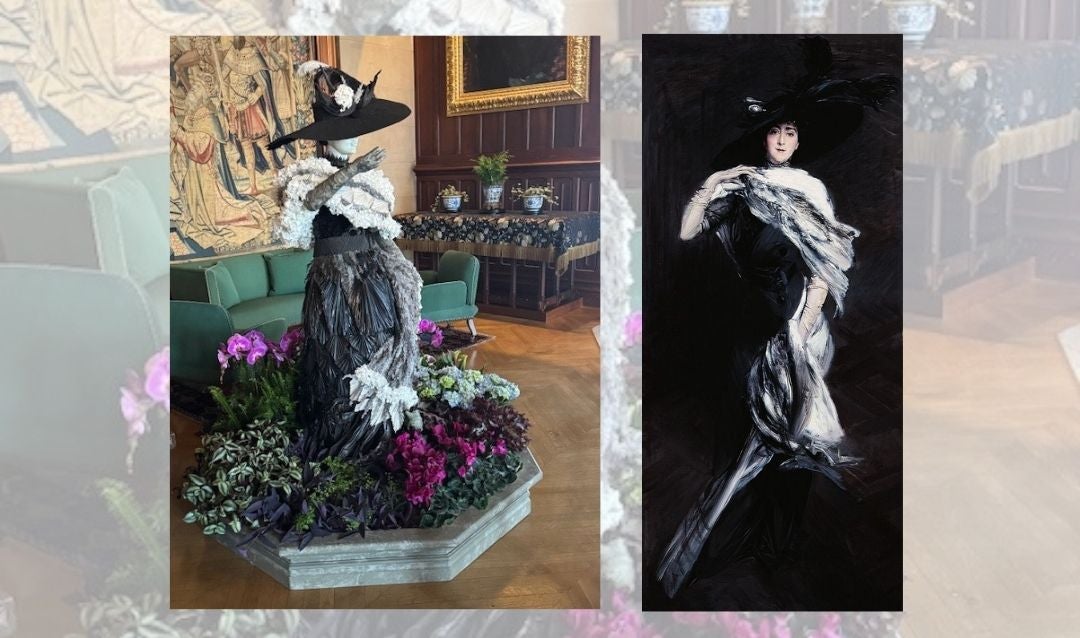 Floral figure representing the Boldini portrait of Edith Vanderbilt and the actual portrait.