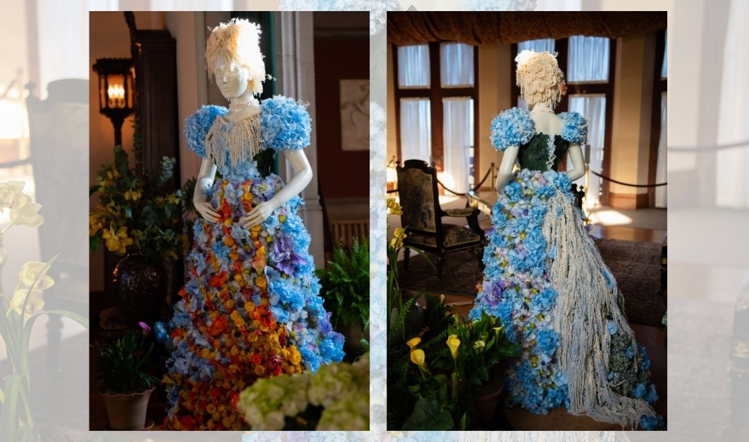 A floral figure in a botanical gown based on a real House of Worth fashion design.