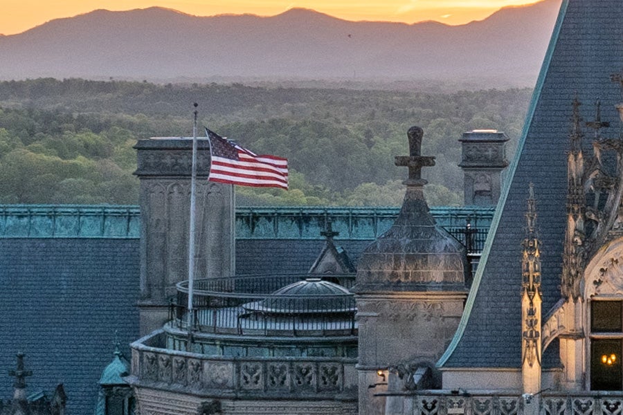 Biltmore House rooftop with American flag.