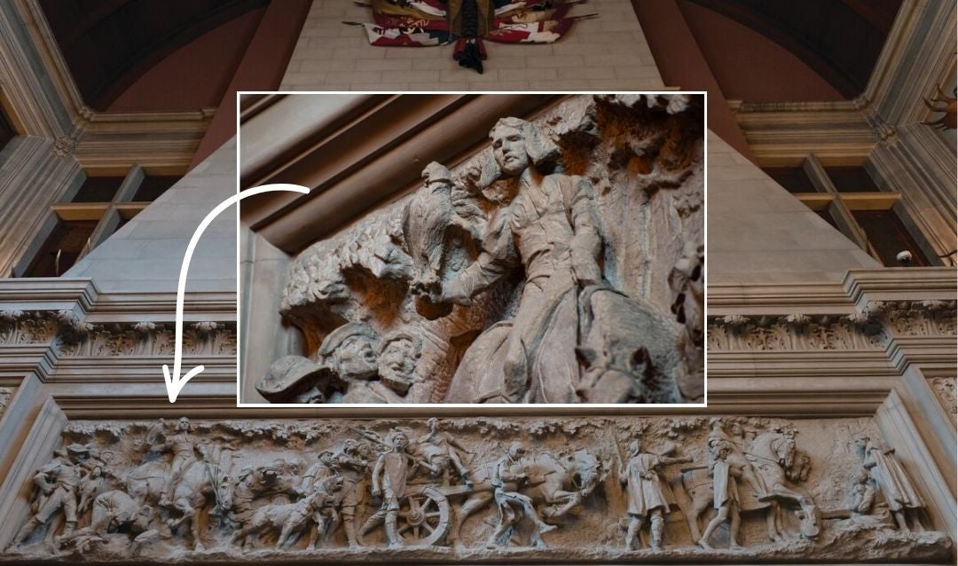 Inset image of a falconer carved above the triple fireplaces in the Banquet Hall of Biltmore House.