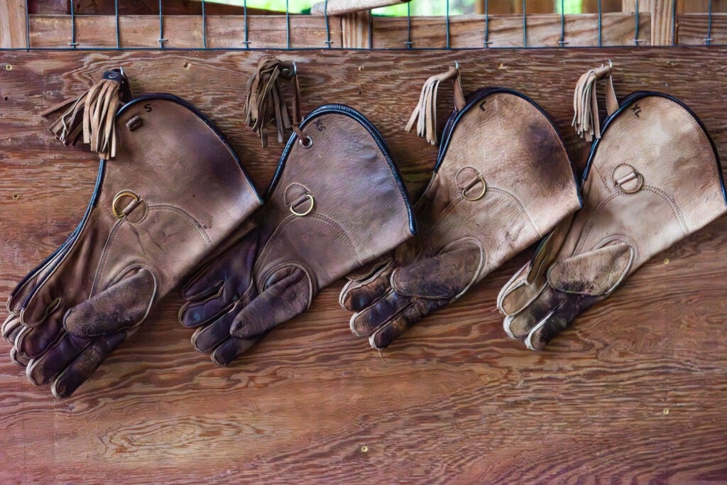 Leather gauntlets hanging on a wooden wall.