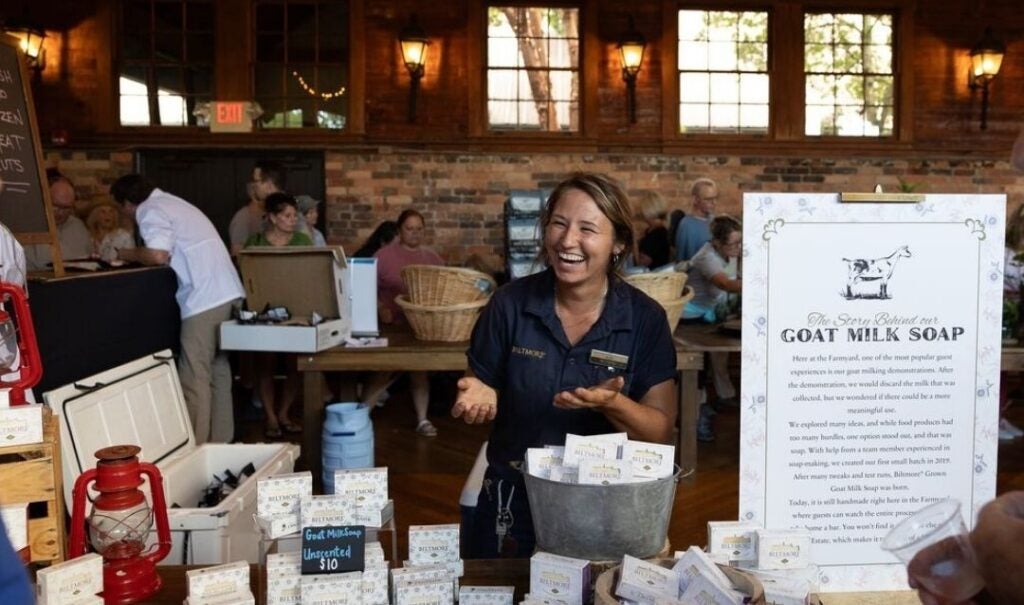 Biltmore employee showcases goat milk soap made on the estate.